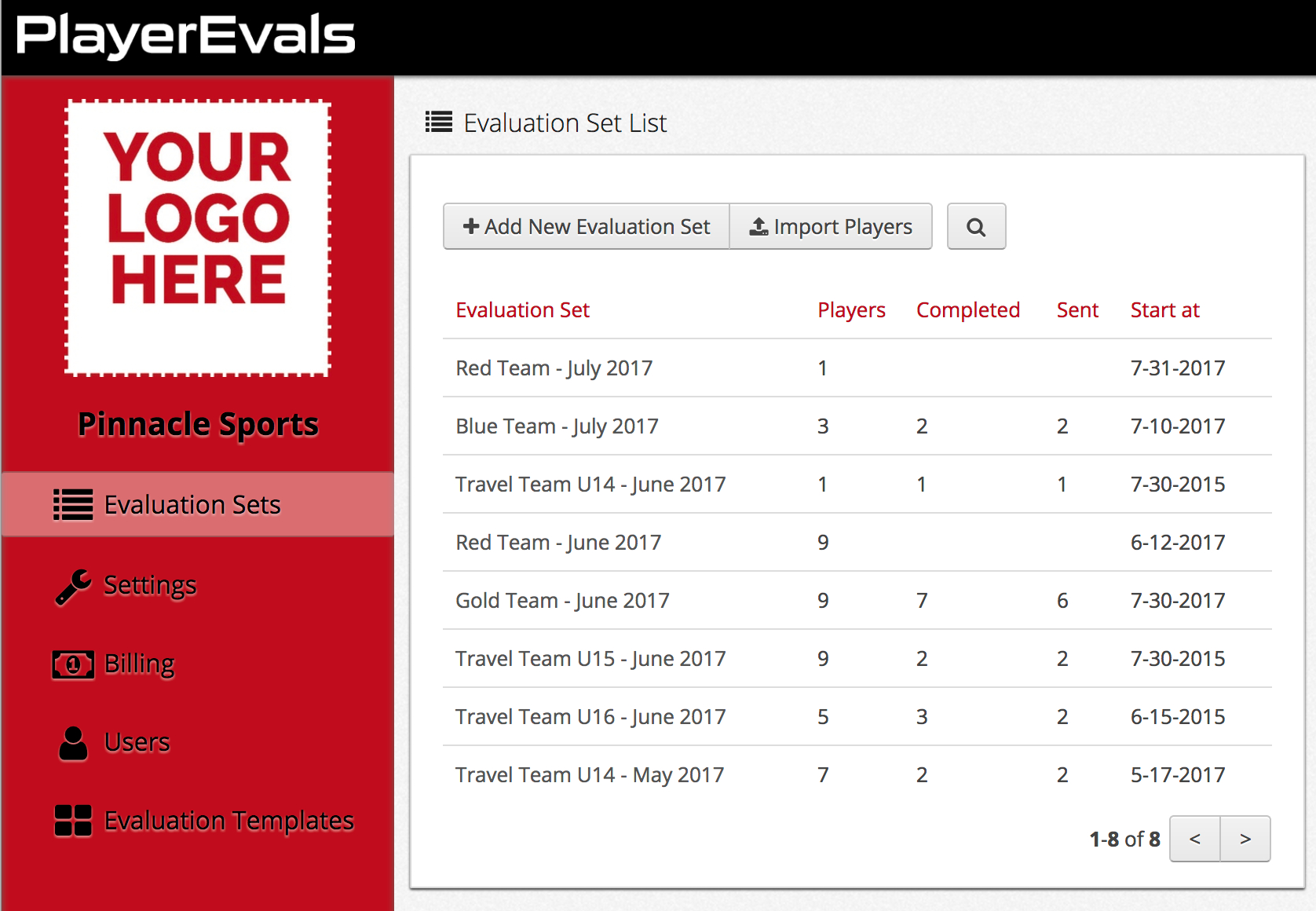 PlayerEvals: Evaluation Sets List Page